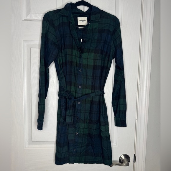 ABERCROMBIE AND FITCH NWT Blue Green Plaid Long Sleeve Shirt Dress Size Small - Picture 4 of 8